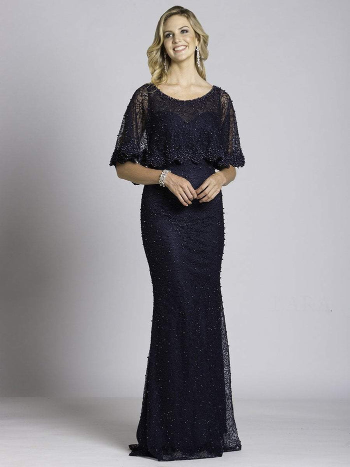 Lara Dresses - Scoop Capelet Overlay Evening Gown 33498 CCSALE 14 / Navy Blue