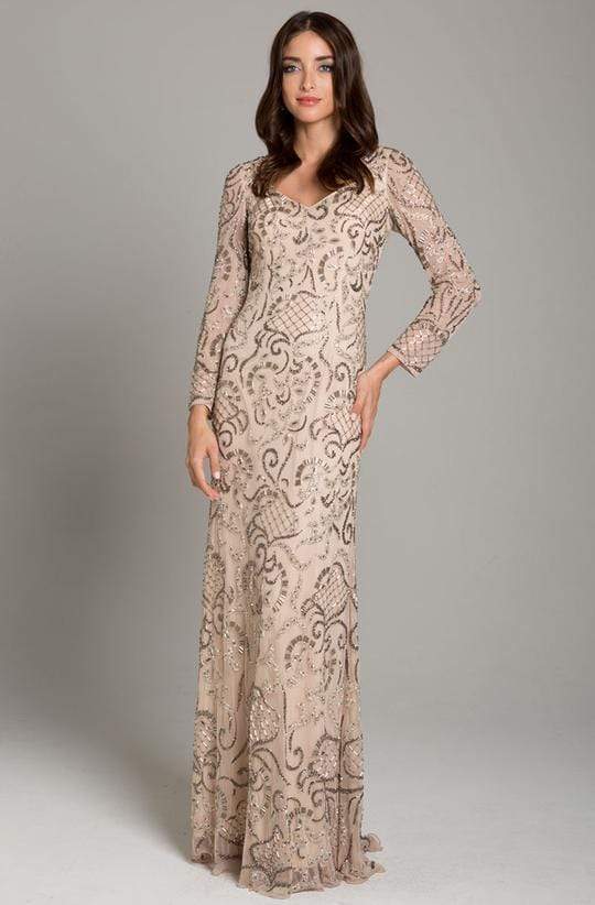 Lara Dresses - Swirling Lattice Motif Long Sleeve Gown 29839 - 1 pc Nude In Size 6 Available CCSALE 6 / Nude