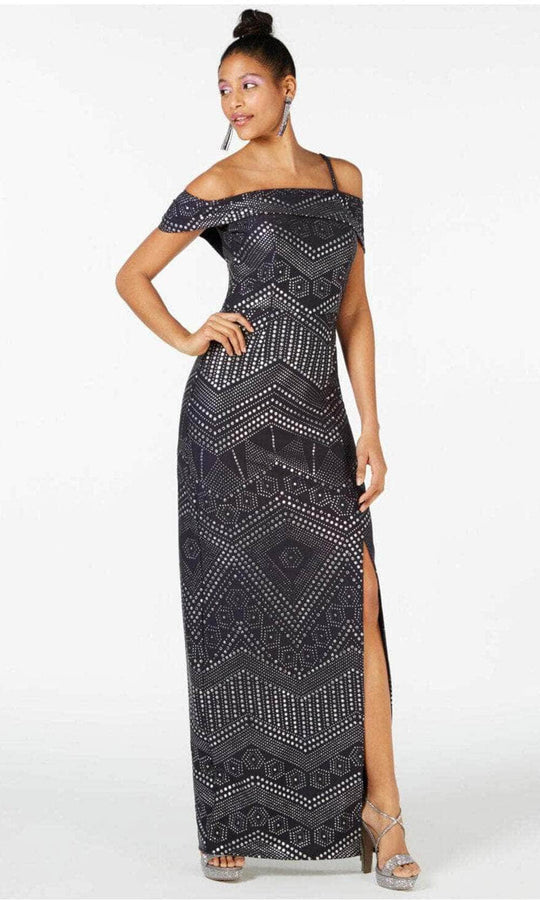 Laundry HP01K67G - Metallic Motif Sheath Evening Dress Special Occasion Dress 0 / Navy Silver