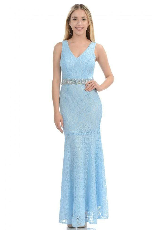 Lenovia - 5144 Embellished Lace V-neck Trumpet Dress Bridesmaid Dresses XS / Blue