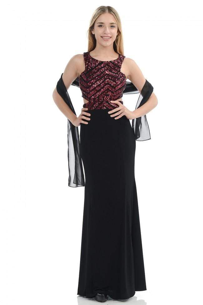 Lenovia - 5146 Geometric Sequined Halter Sheath Dress Prom Dresses XS / Bk/Wine