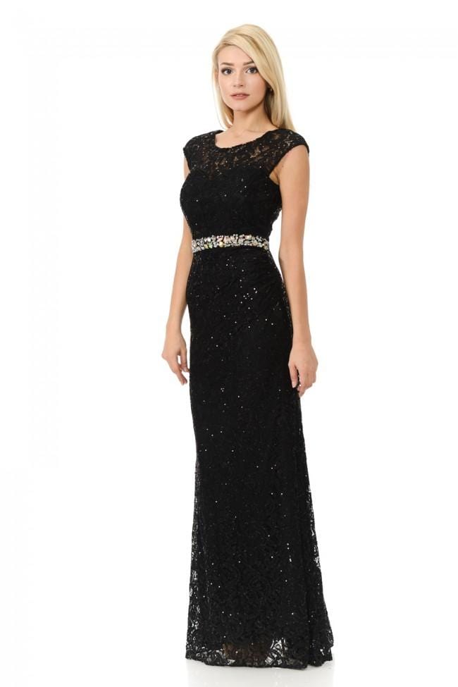 Lenovia - 5152 Sheer Sequin Lace Gown with Crystal Beaded Belt Bridesmaid Dresses XS / Black