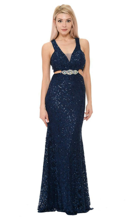 Lenovia - 5170 Lace Plunging V-Neck Evening Dress Special Occasion Dress S / Navy