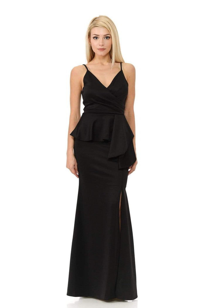 Lenovia - 5174 Wrap Bodice Asymmetrical Peplum Long Dress Bridesmaid Dresses XS / Black