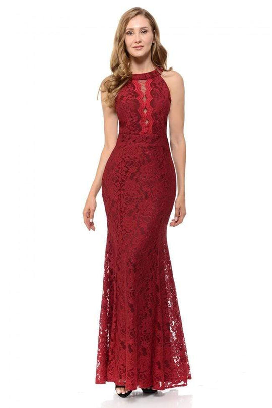 Lenovia - 5189 Lace Halter Neck Trumpet Dress Bridesmaid Dresses XS / Burgundy