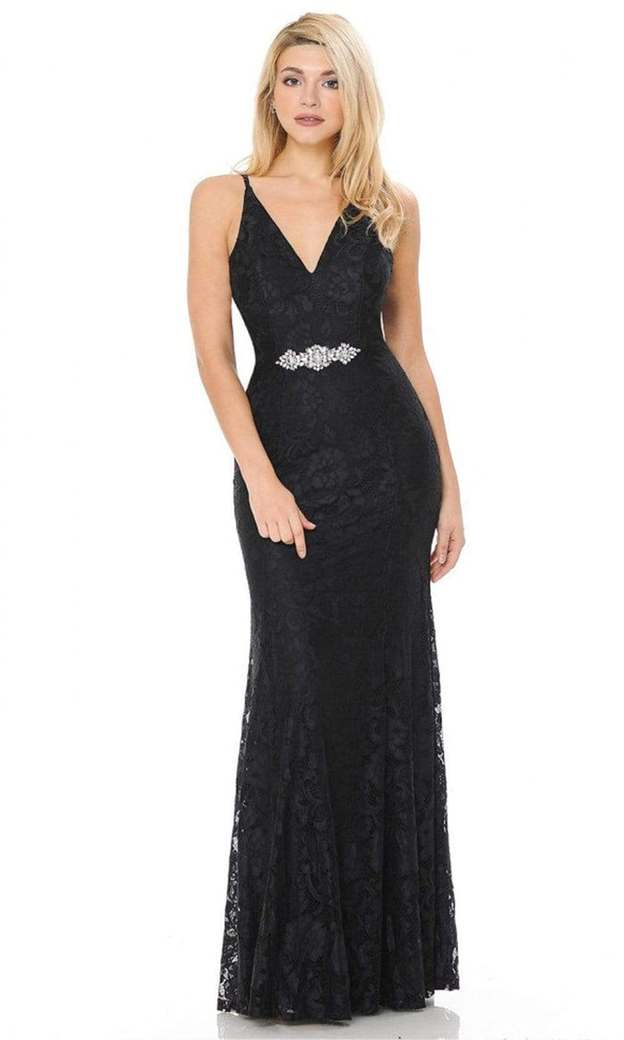 Lenovia - 5192 Lace V Neck Long Sheath Dress Bridesmaid Dresses XS / Black