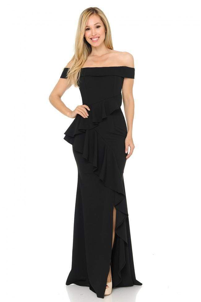 Lenovia - 5207 Off Shoulder Ruffle Drape Gown with Front Slit – Couture ...