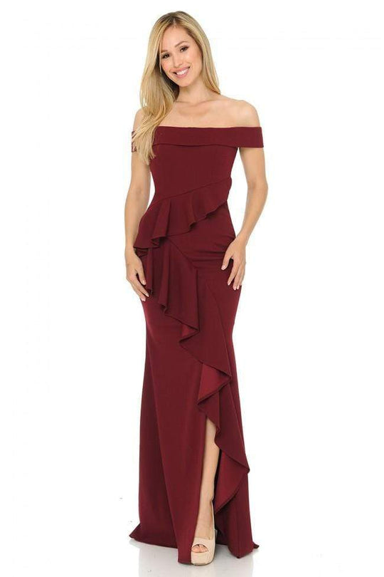 Lenovia - 5207 Off Shoulder Ruffle Drape Gown with Front Slit Bridesmaid Dresses XS / Burgundy