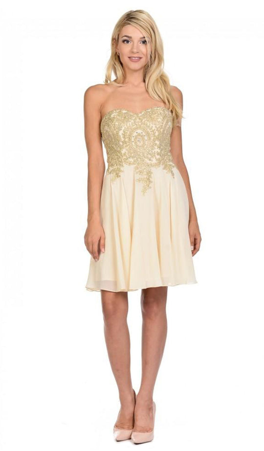 Lenovia - 8110 Gold Embroidered Strapless Cocktail Dress Special Occasion Dress XS / Champagne