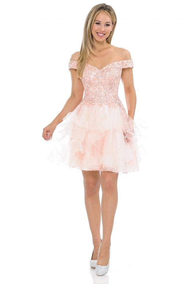 Lenovia - 8130 Embroidered Off-Shoulder Layered A-line Dress Homecoming Dresses XS / Blush/Pink