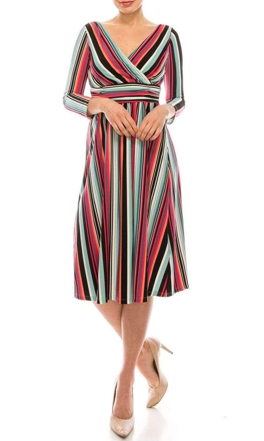 London Times - T4898M Stripes V Neck A-Line Dress Cocktail Dresses 0 / Soft White Rose