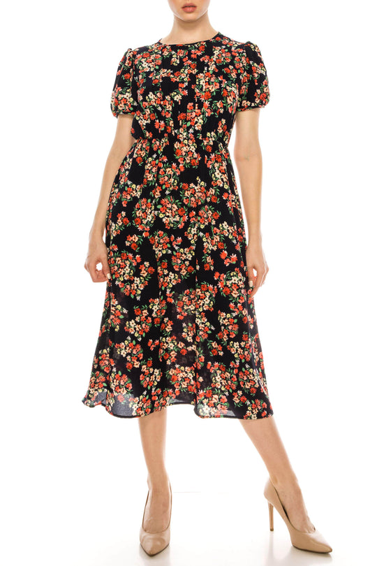 London Times T4996M - Short Puff Sleeves Jewel Neck Casual Dress Special Occasion Dress