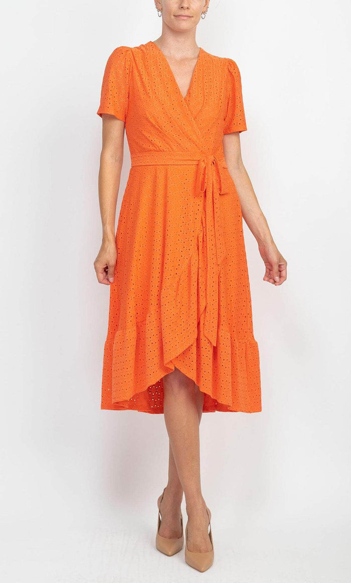 London Times T5649M - Lace A-line Faux Wrap Casual Dress Special Occasion Dress 10 / Coral