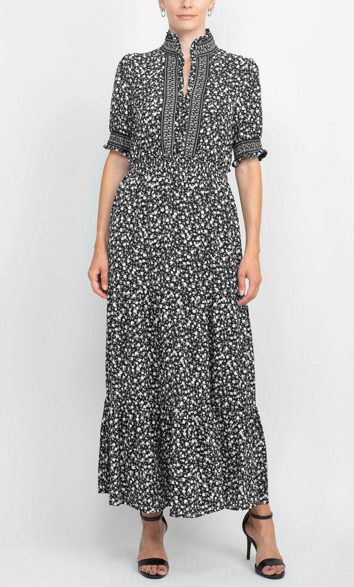 London Times T5675M - Floral Printed Puff Sleeves Long Dress Mother Of The Bride Dresses 4 / Black White