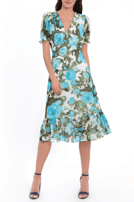 London Times T5678M - Short Puff Sleeves V-Neck Casual Dress Special Occasion Dress