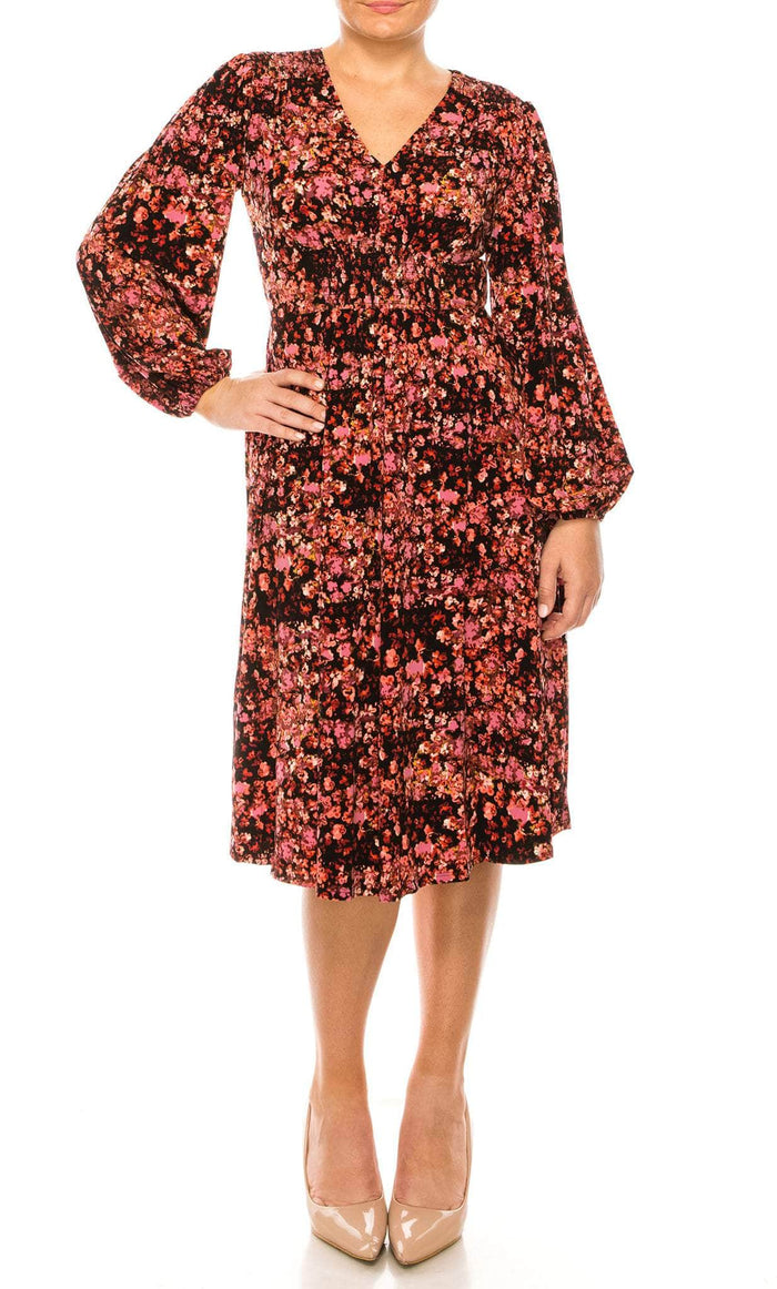 London Times T5953M - Floral Printed Midi Dress Special Occasion Dress XS / Black Pink