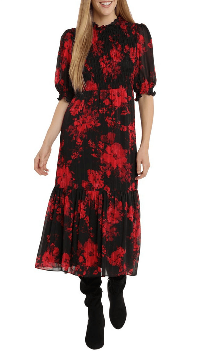 London Times T6020M - Floral Printed Flowy Dress Special Occasion Dress 0 / Black Wine