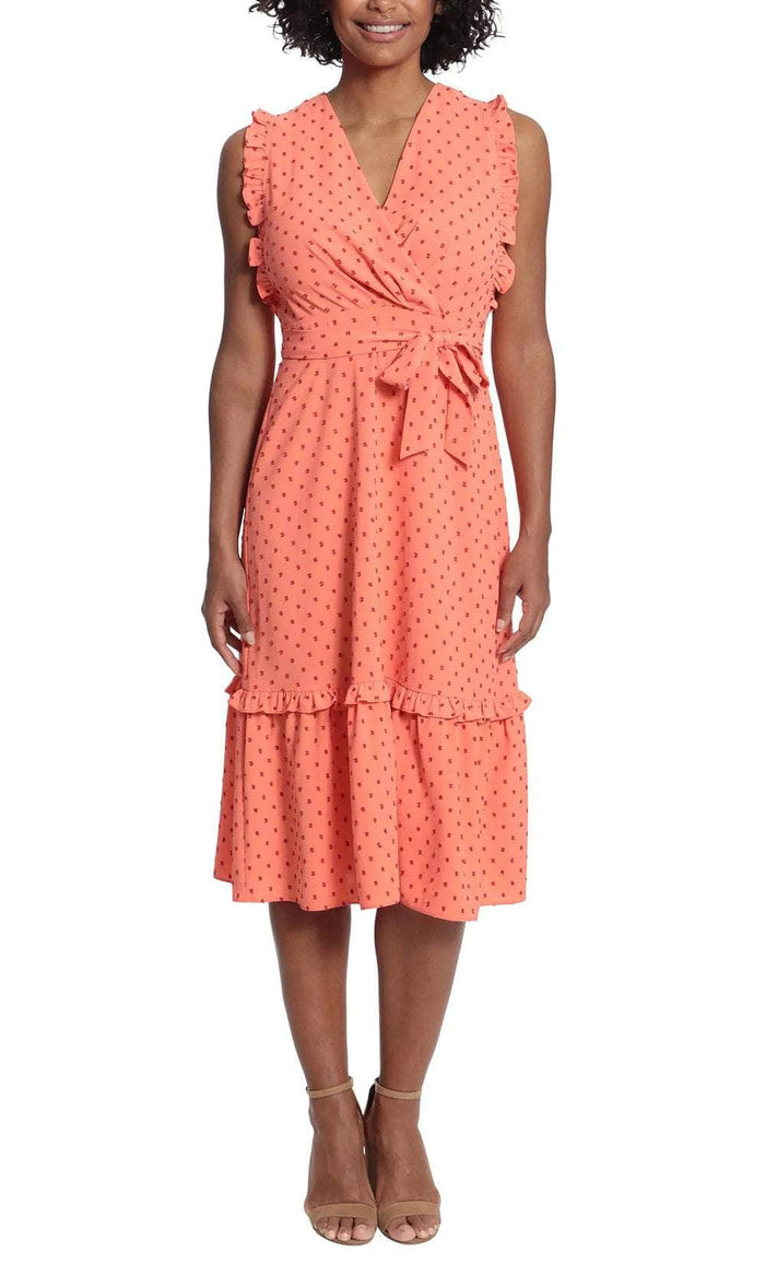 London Times T6128M - Wrap Dot Print Short Dress Cocktail Dresses 4 / Coral