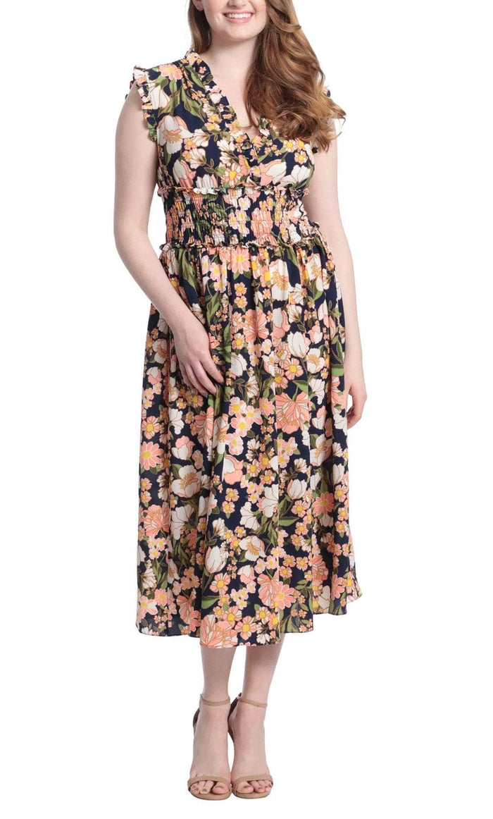 London Times T6131M - Tea Length Floral Casual Dress Special Occasion Dress 4 / Navy Pink
