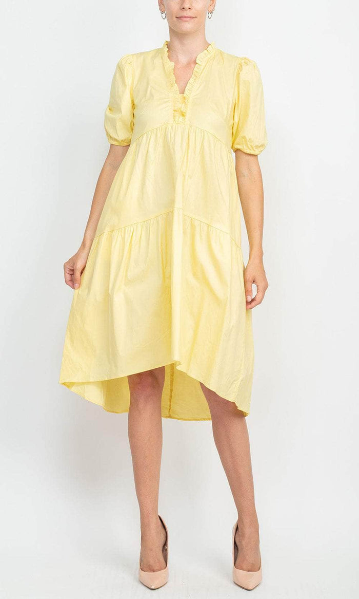 London Times T6166M - Short Puff Sleeve High Low Hem Dress Holiday Dresses 4 / Pale Banana