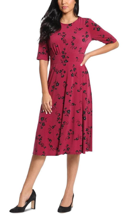 London Times T6201M - Floral Midi Casual Dress Cocktail Dresses 0 / Raspberry Black