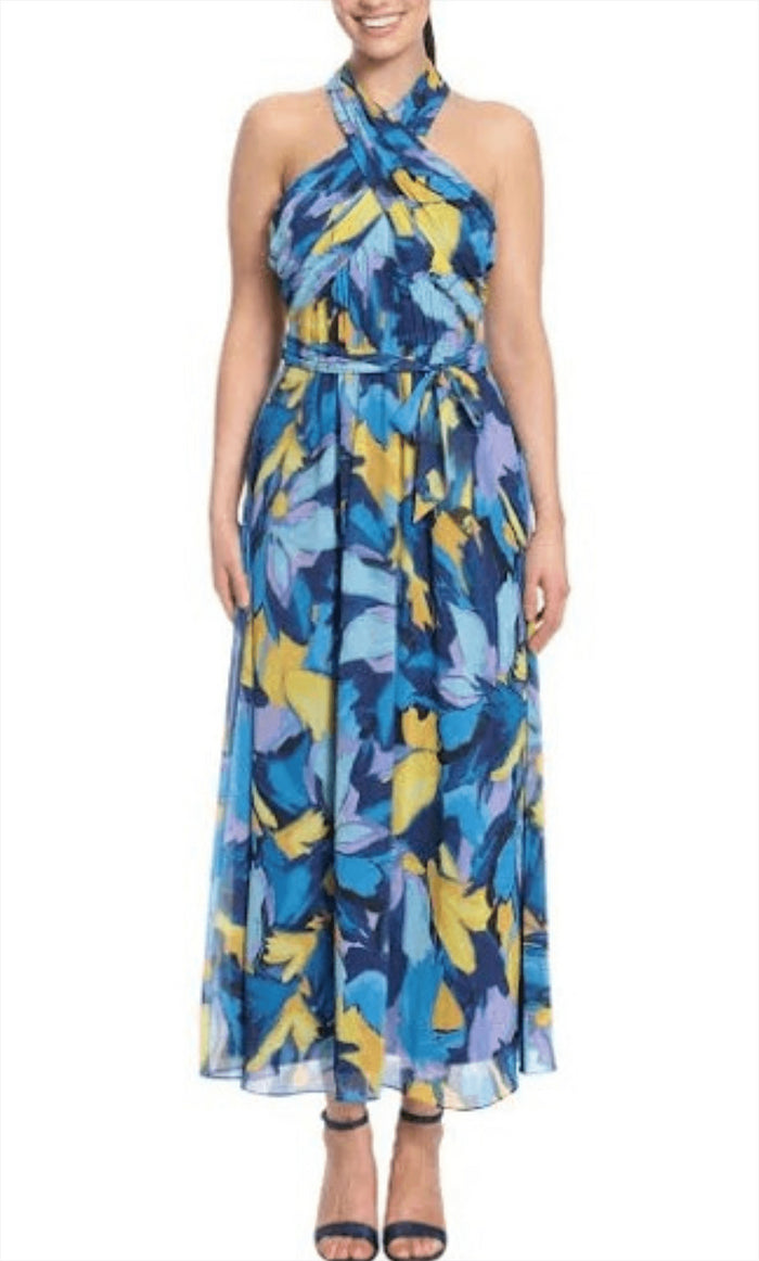 London Times T6226M - Crisscross Halter A-Line Maxi Dress Special Occasion Dress 0 / Blue Yellow