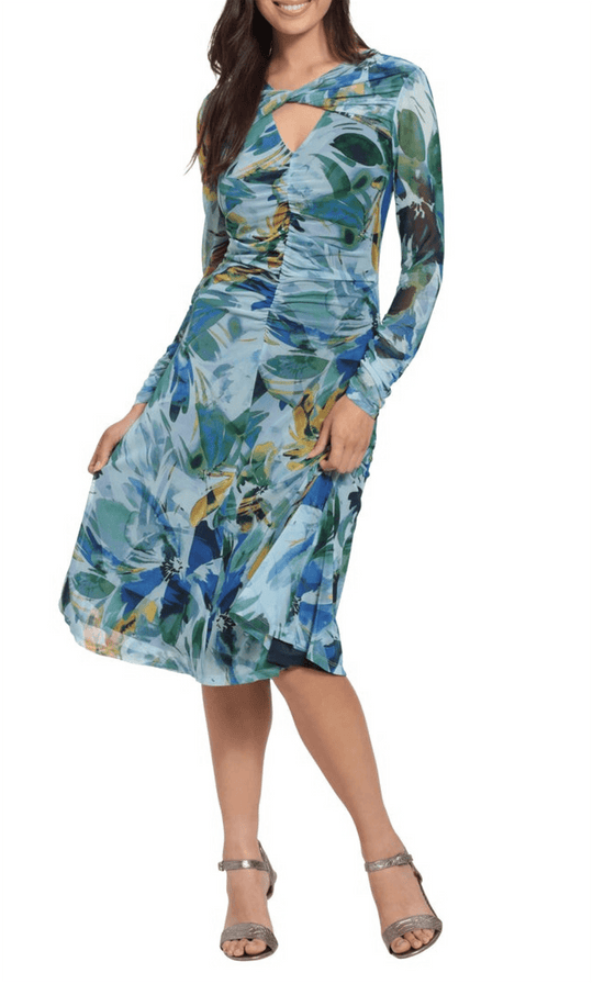 London Times T6451M - Printed Bodycon Ruched Dress Special Occasion Dress 0 / Blue Veil Ultramarin