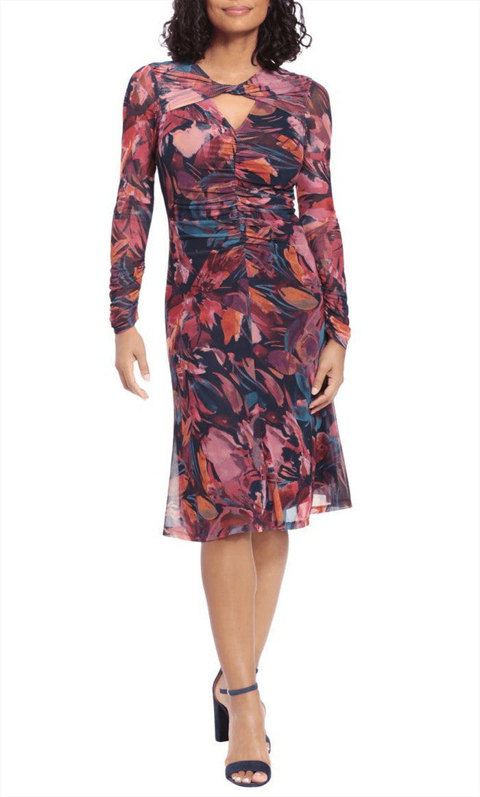 London Times T6451M - Printed Bodycon Ruched Dress Special Occasion Dress 0 / Navy Rosebud