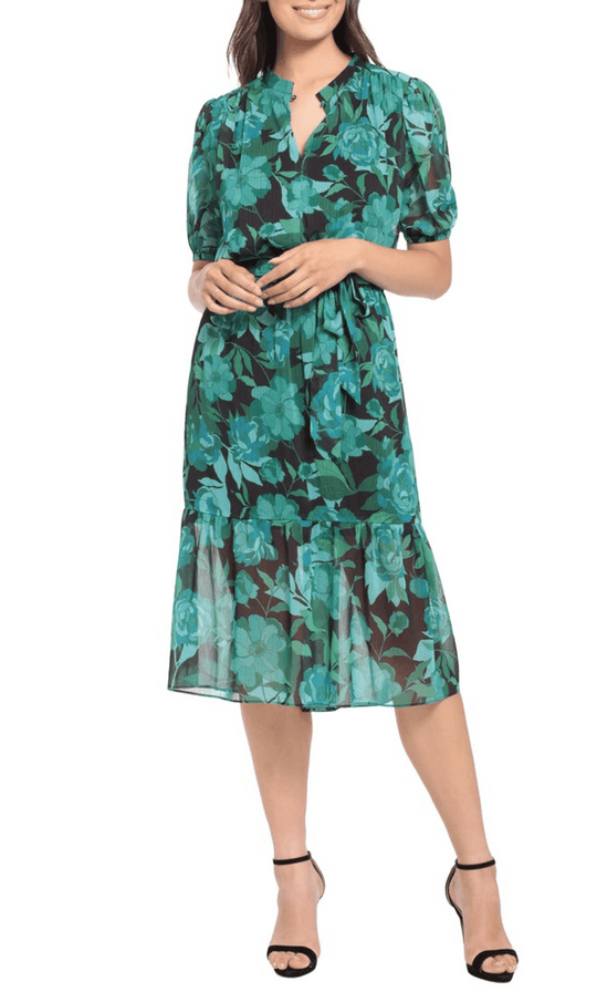 London Times T6456M - Casual Floral Tea Length Dress Cocktail Dresses 0 / Black Winter Green