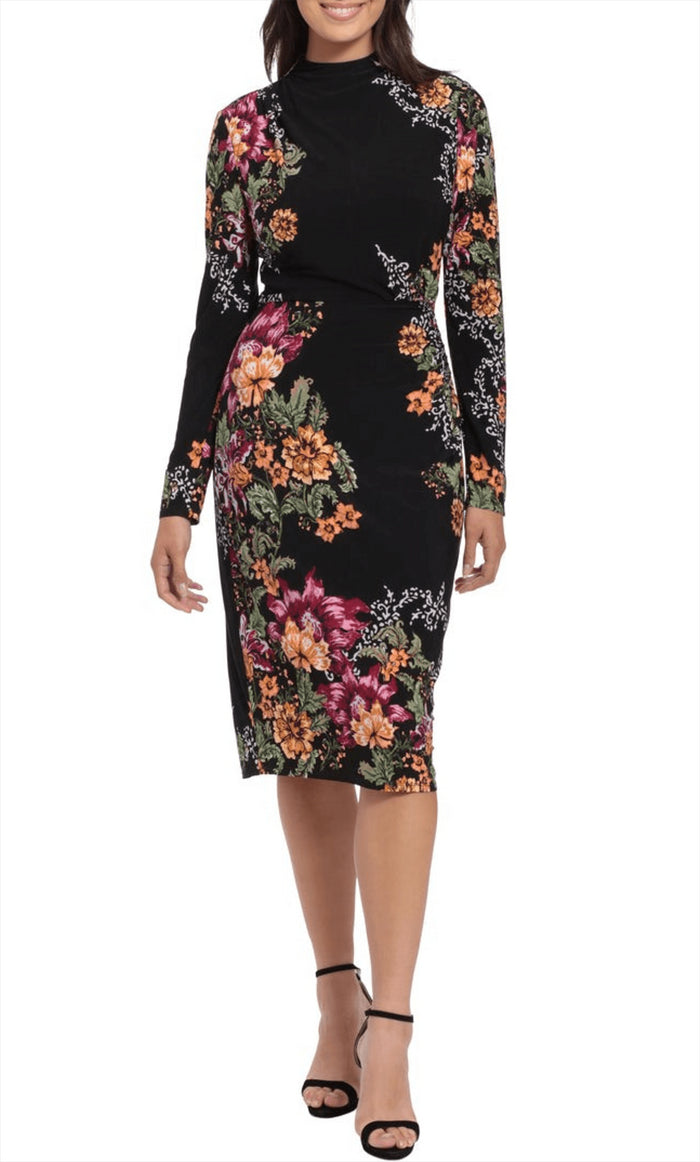 London Times T6460M - Floral Printed Bodycon Dress Special Occasion Dress 0 / Black Wine