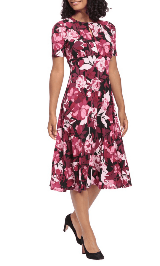 London Times T6564M - Floral Scoop Neck A-line Dress Cocktail Dresses 0 / Black Dusty Pink