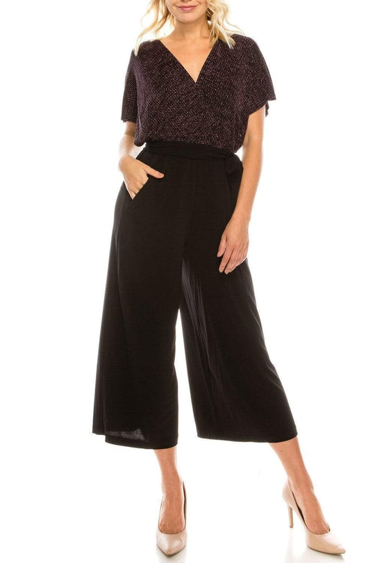 London Times - V-Neck Metallic Bodice Tea-Length Jumpsuit T3834M - 1 pc Pink Black In Size 2 Available CCSALE 2 / Pink Black