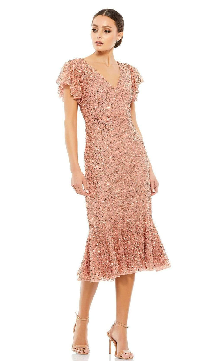 Mac Duggal - 10801 Sequined Deep V-Neck Sheath Dress Cocktail Dresses 0 / Rose/Gold