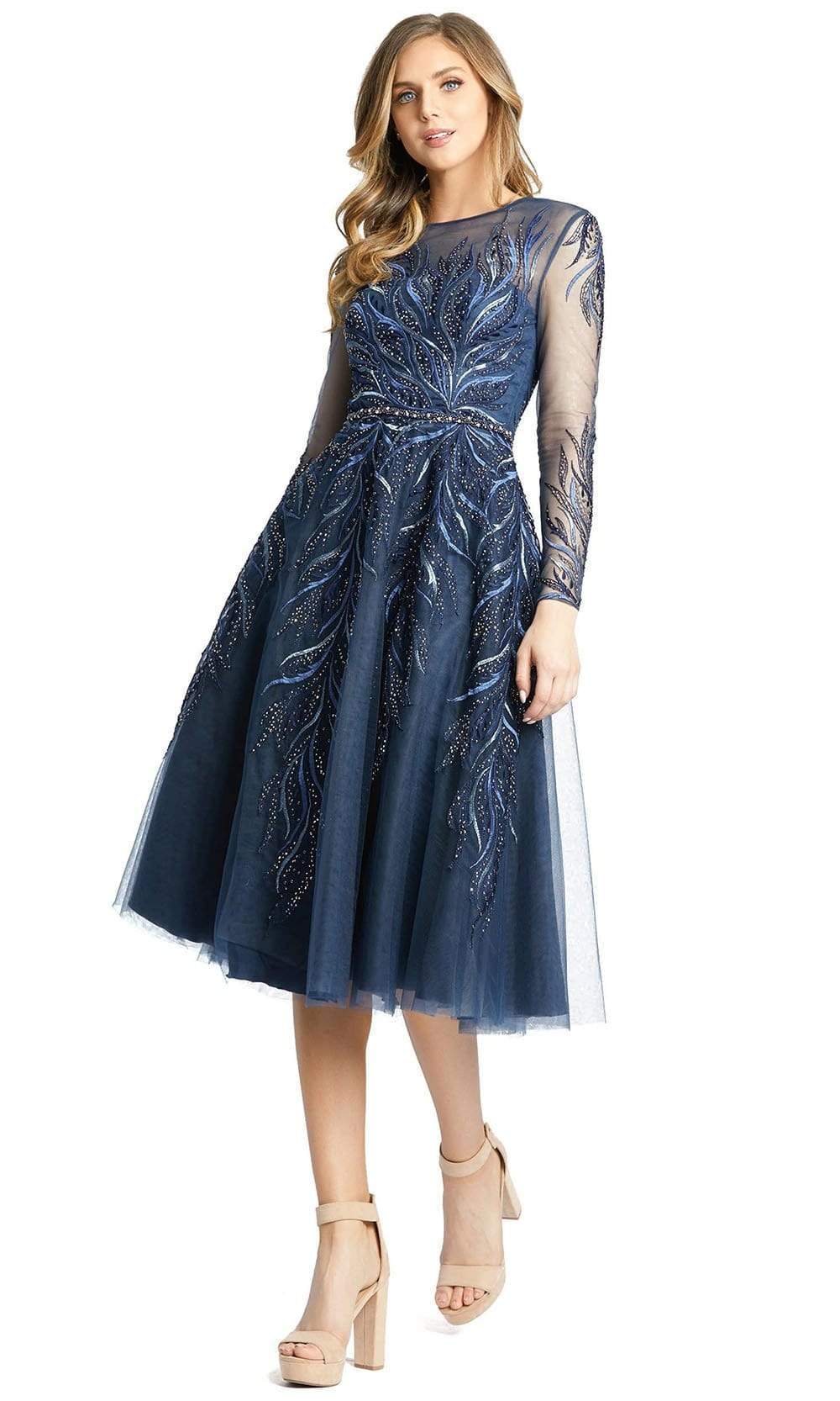 Mac Duggal - Navy Embellished Tea-Length Illusion Cocktail Dress