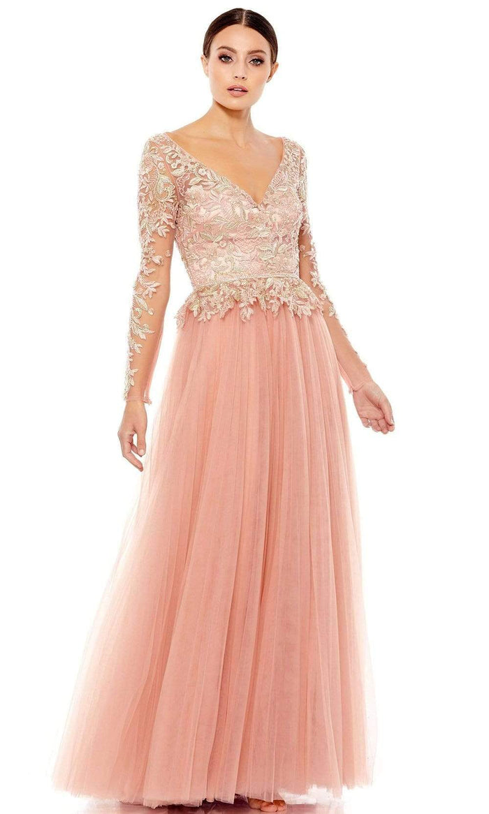 Mac Duggal - 11168 Embroidered Lace Illusion Long Sleeve A-Line Gown Evening Dresses 0 / Rose/Gold