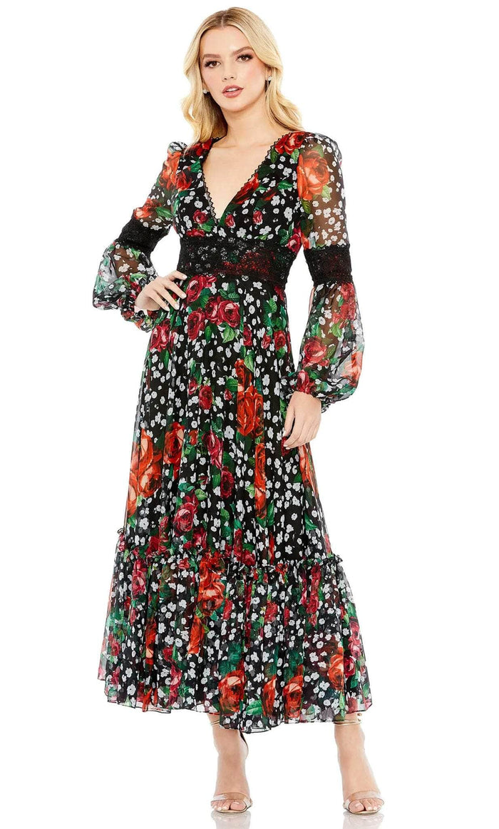 Mac Duggal 11402 - V-Neck Long Sleeve Dress Evening Dresses 2 / Black Multi