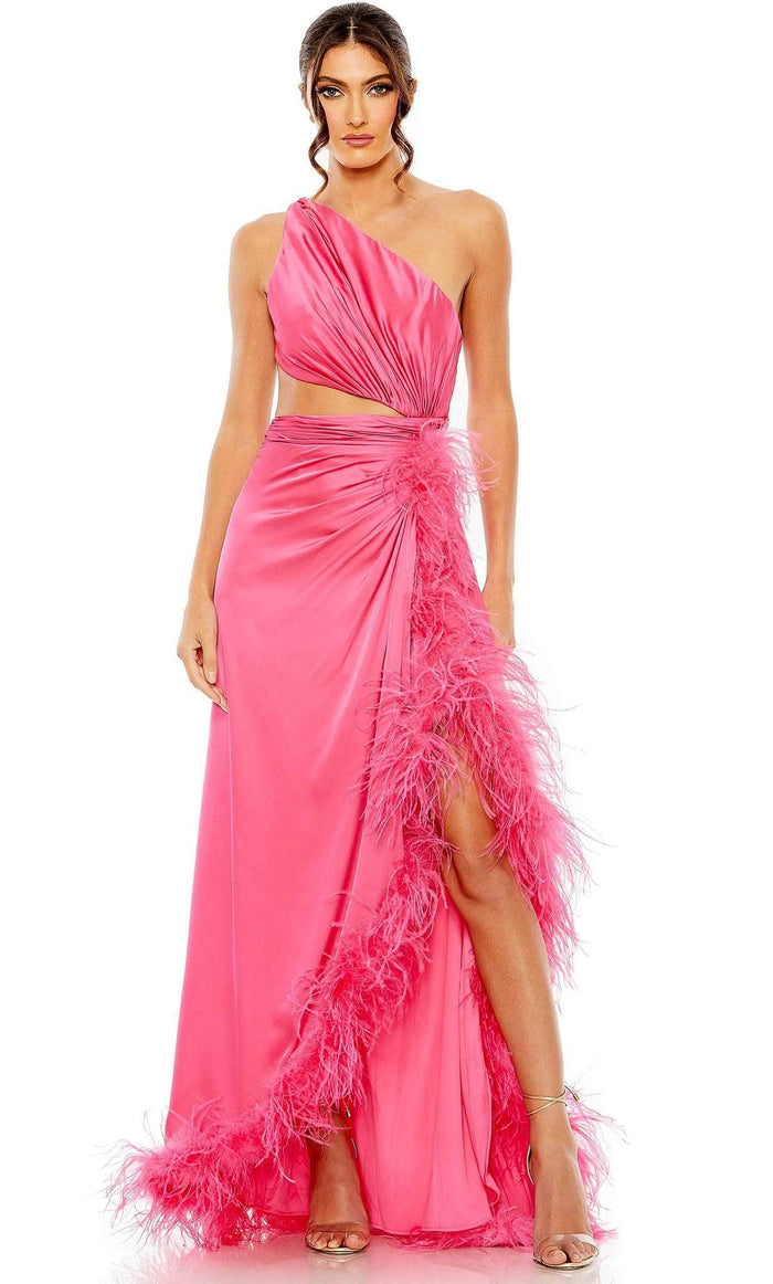 Mac Duggal 11689 - One Sleeve Feather Detailed Prom Dress Special Occasion Dress 0 / Hot Pink