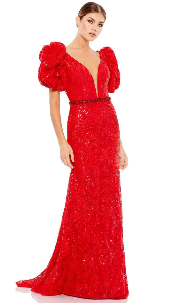Mac Duggal - 12421 Puff Sleeve Sequined Lace Gown Evening Dresses 0 / RED