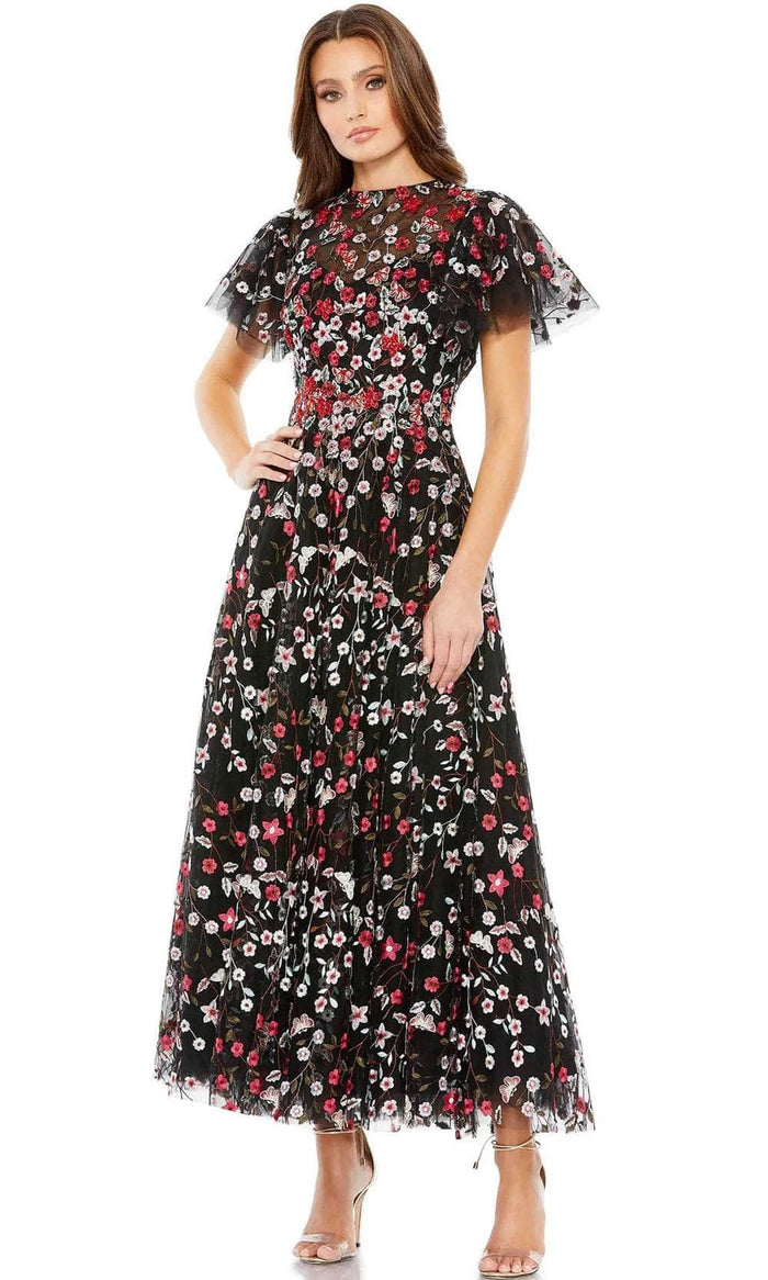 Mac Duggal 20323 - Floral Embroidered Tulle Midi Dress Cocktail Dresses 2 / Black Multi