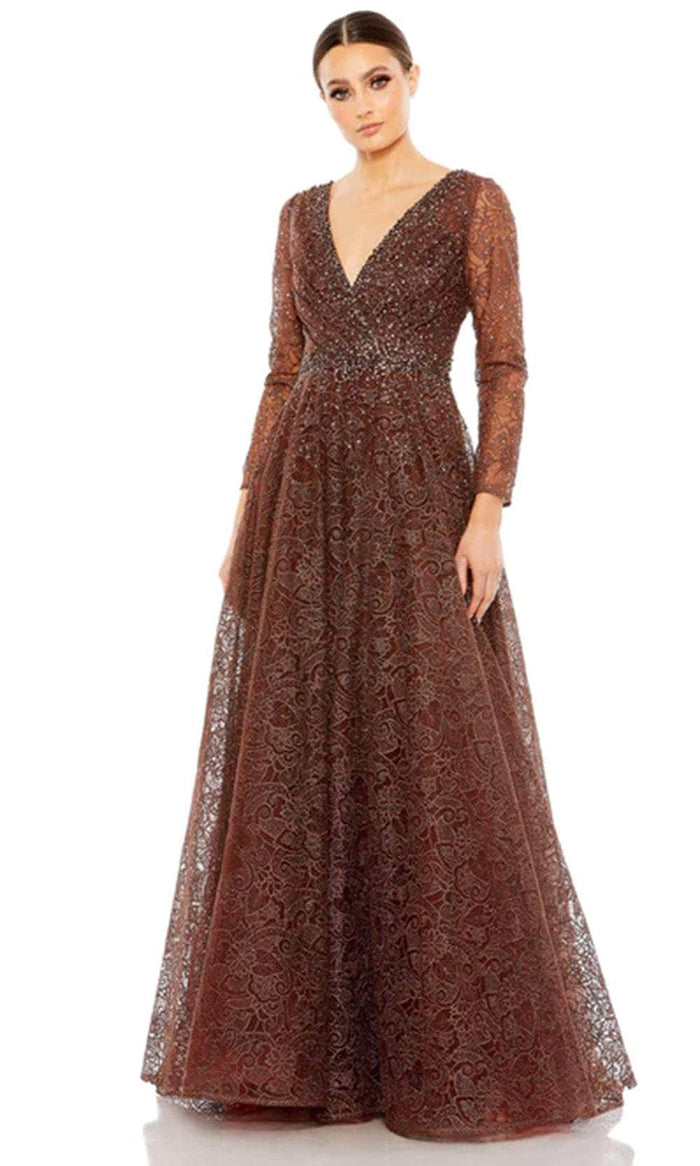 Mac Duggal 20372 - Long Sleeve Embellished Evening Dress Special Occasion Dress 4 / Chocolate
