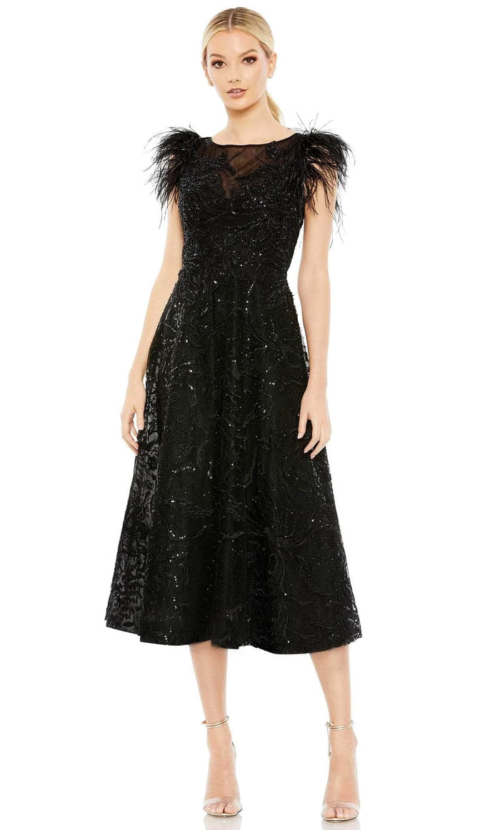 Mac Duggal 20400 - A-line Sequined Tea Length Dress Cocktail Dresses 2 / Black