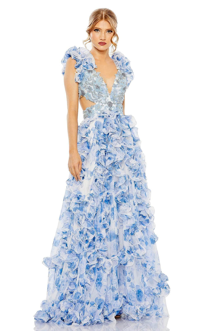 Mac Duggal 2220 - Ruffle-Designed Floral Printed Dress Evening Dresses 0 / Blue