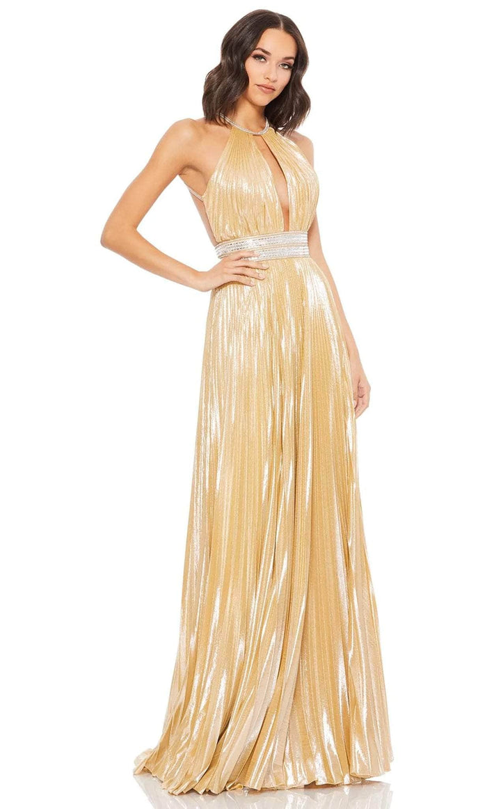 Mac Duggal 30722 - Pleated Shiny Halter A-line Gown Prom Dresses 0 / Gold