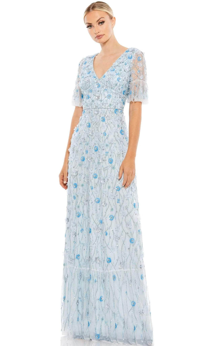 Mac Duggal 35110 - Short Sleeve Floral Embellished Dress Formal Gowns 0 / Powder Blue