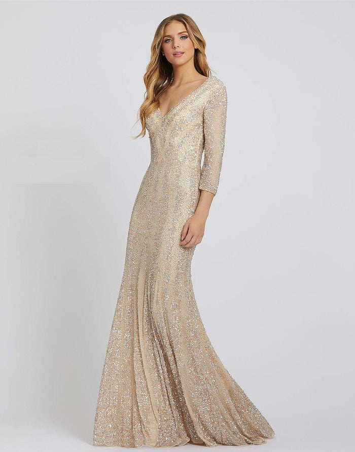 Mac Duggal - 4247D Plunging V-neck Beaded Sheath Gown - 1 pc Platinum Nude in size 8 and 1 pc Nude Platinum in Size 14 Available CCSALE 8 / Platinum Nude