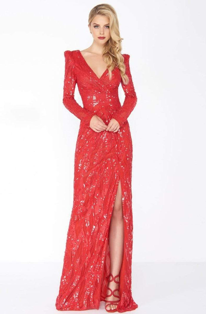 Mac Duggal - 4635R Long Dynasty Sleeve Sequined High Slit Gown Special Occasion Dress 0 / Red