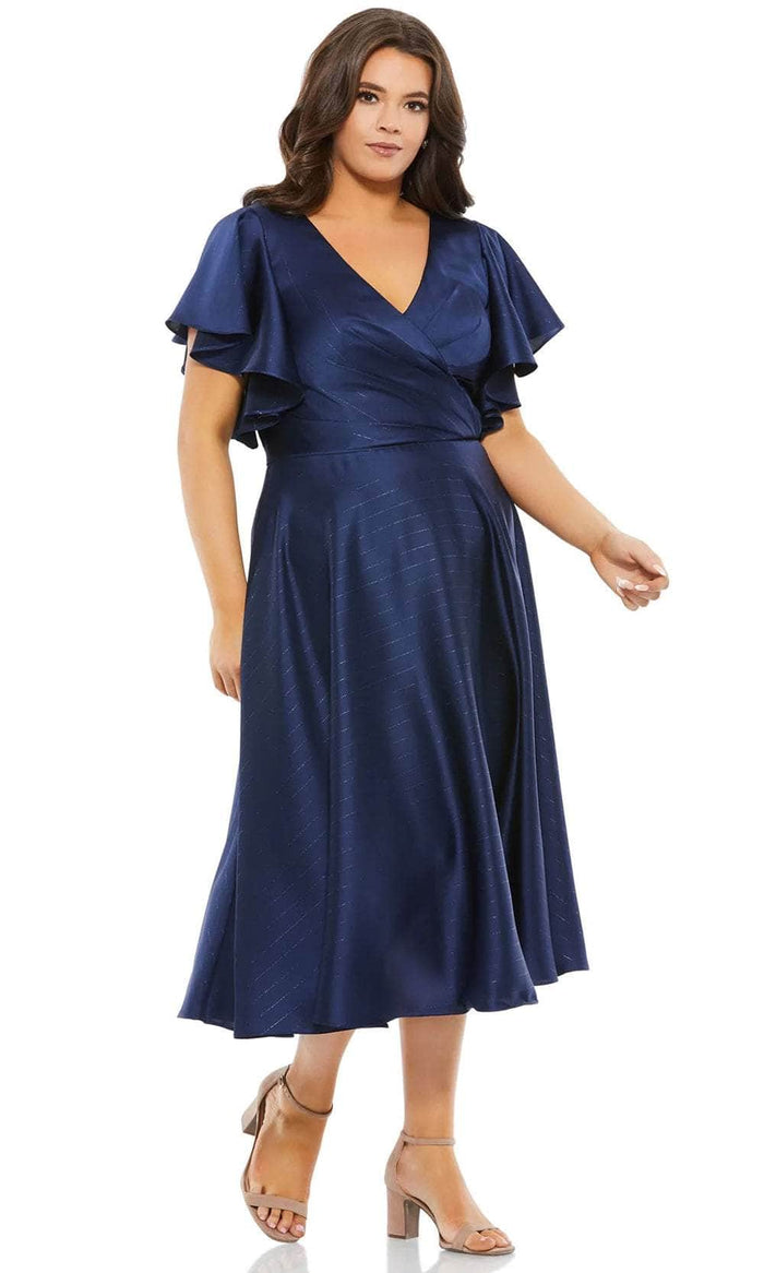 Mac Duggal 49500 - Pleated Faux Wrap Tea Length Dress Cocktail Dresses 14W / Midnight