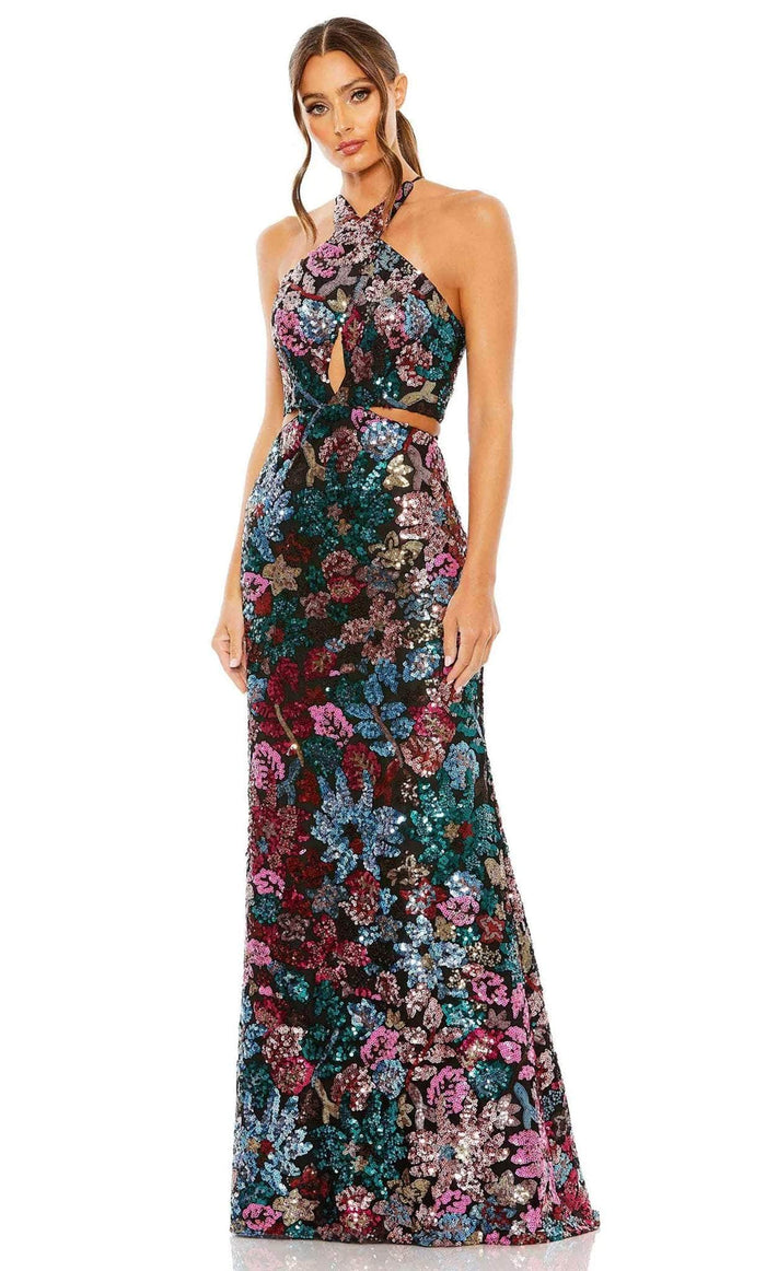 Mac Duggal 49695 - Halter Sequin Embellished Prom Gown Prom Dresses 0 / Black Multi