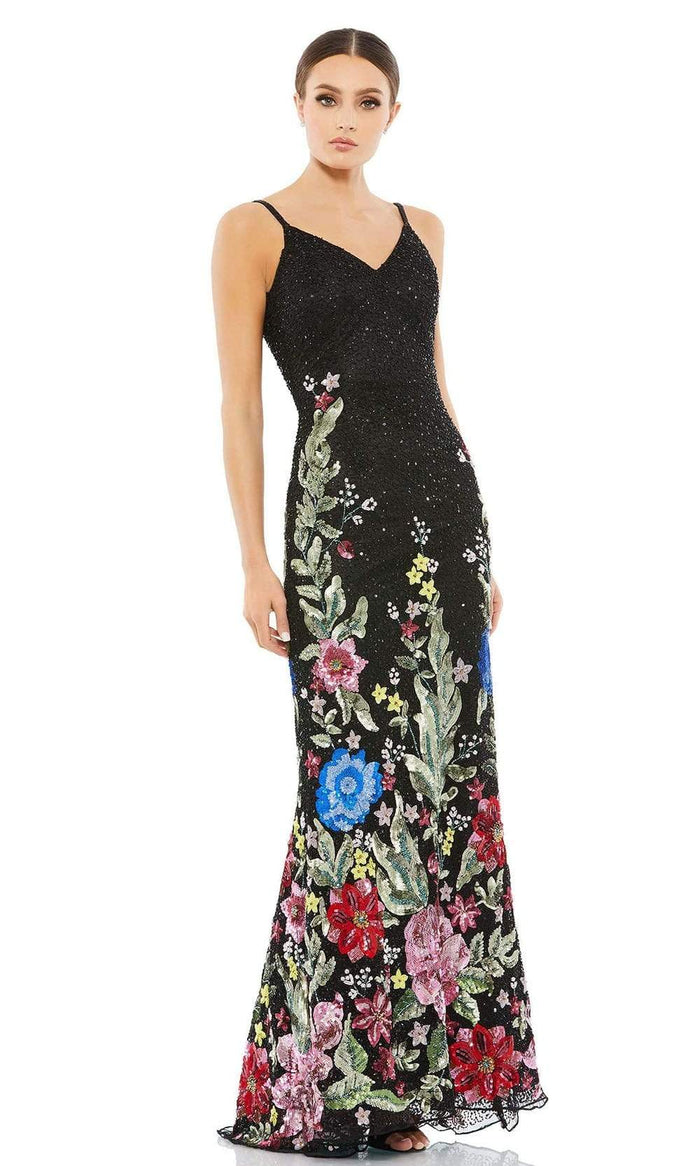 Mac Duggal - 5475 V-Neck Floral Appliqued Dress Evening Dresses 0 / Black Multi