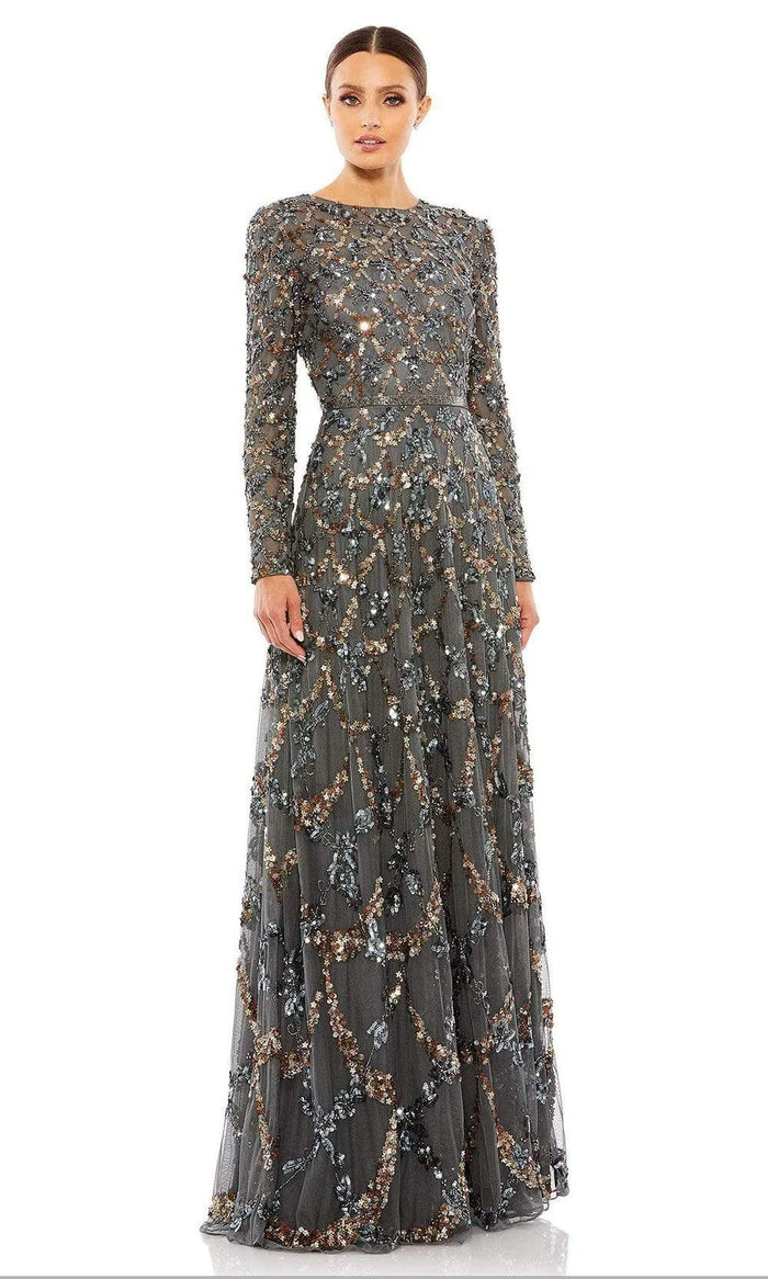 Mac Duggal - 5496 Long Sleeve Lattice Sequin Gown Special Occasion Dress 2 / Charcoal